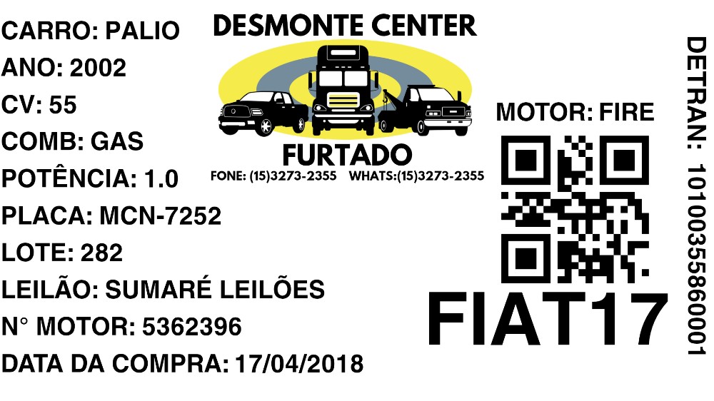 Motor Fiat Palio – 2002, 55cv, Gasolina, 1.0 2