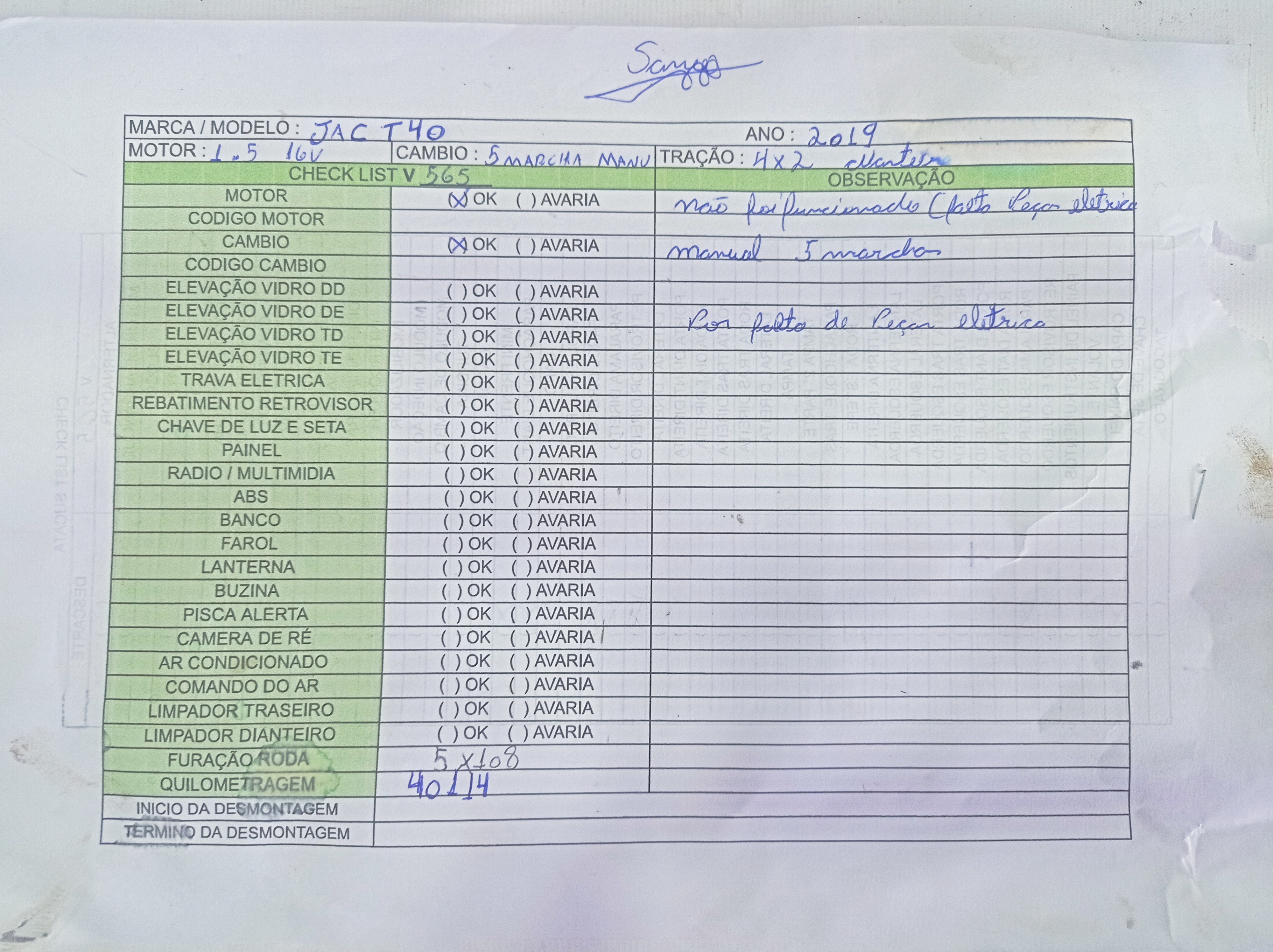 Sucata JAC t40 1.5 16v 2019 v565 informações gerais 1