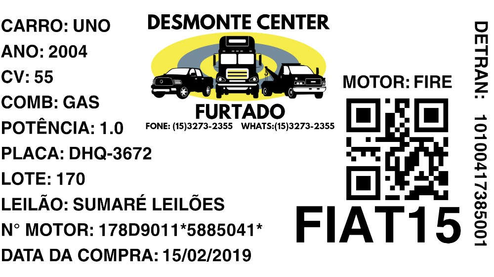 Motor Fiat Uno – 2004, 55cv, Gas, 1.0 2